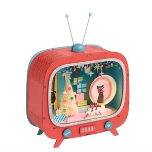 Mid-Century Modern Atomic Cat TV Set Light Up Christmas Decor Laser Cut Wood NEW